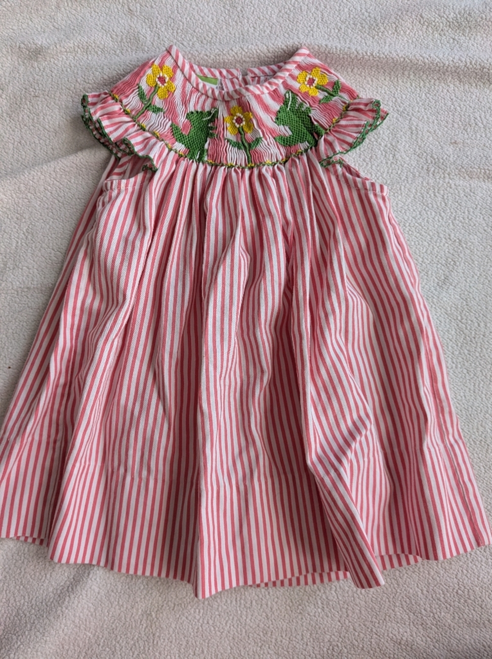 Pink and White Smocked Striped Dress with Alligator And Florals